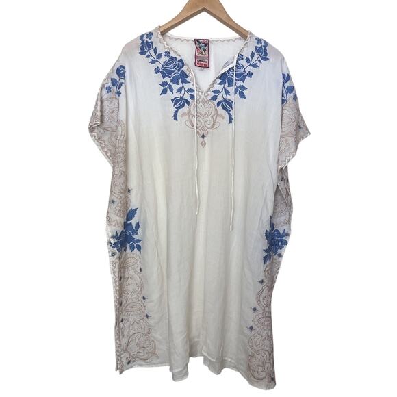 Johnny Was 3J Workshop White Blue Beige Embroidered Kaftan Dress Size Medium - Picture 1 of 10